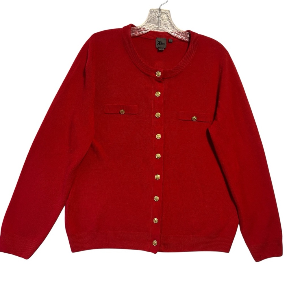VTG Kerri & Kelsey Button Up Red Cardigan Gold metal buttons LG Office siren